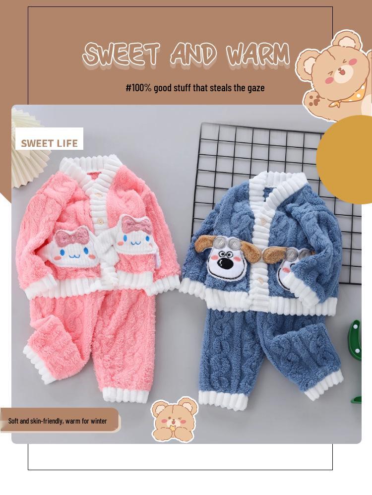 2025 Neuer Stil Kinder Verdickter Samt Pyjama: Warmes Korallenfleece zweiteiliges Set für Jungen & Mädchen