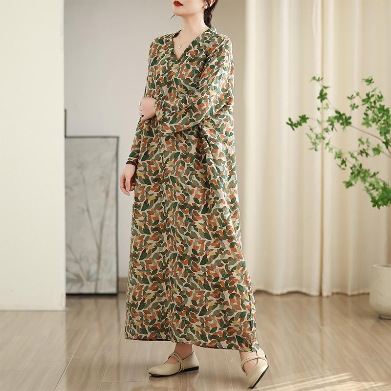 DIMANAF 2025 Women Plus Size Spring Summer Dress Basic Long Dress Leaf Printing Vintage Loose Long Sleeve