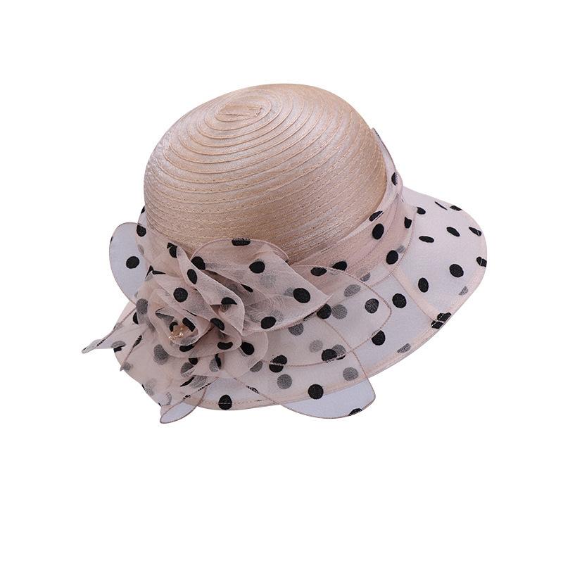 Polka Dot Top Hat Women's Summer Dome Organza Flower Socialite Style Foldable Fisherman Hat Sun Protection Large Brim