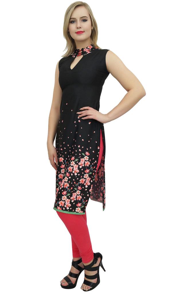 Bimba Women's Sleeveless Black Floral Printed Tunic Designer Kurta Kurti-10