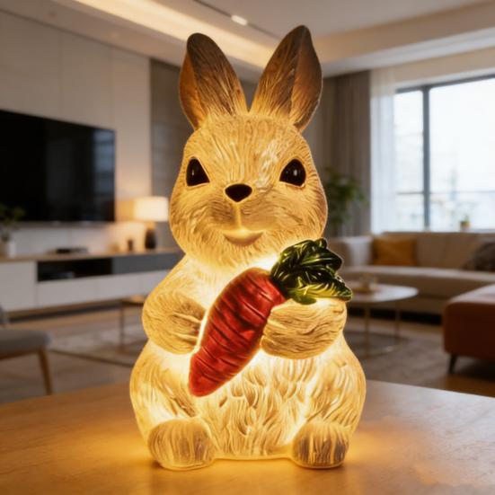 Resin Bunny Figurine Light Up Bunny Holding Carrot Statue Easter Rabbit Sculpture for Spring Farmhouse Home Table Decor