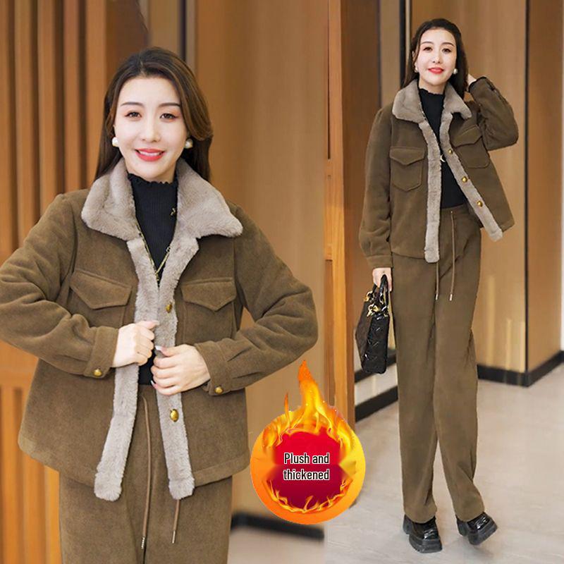 Arctic Velvet Corduroy Women's Stylish Plush Two-Piece Winter Set