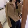French Cashmere Lapel Knit Sweater - Women's Loose Fit, Autumn/Winter Thickened Base Layer