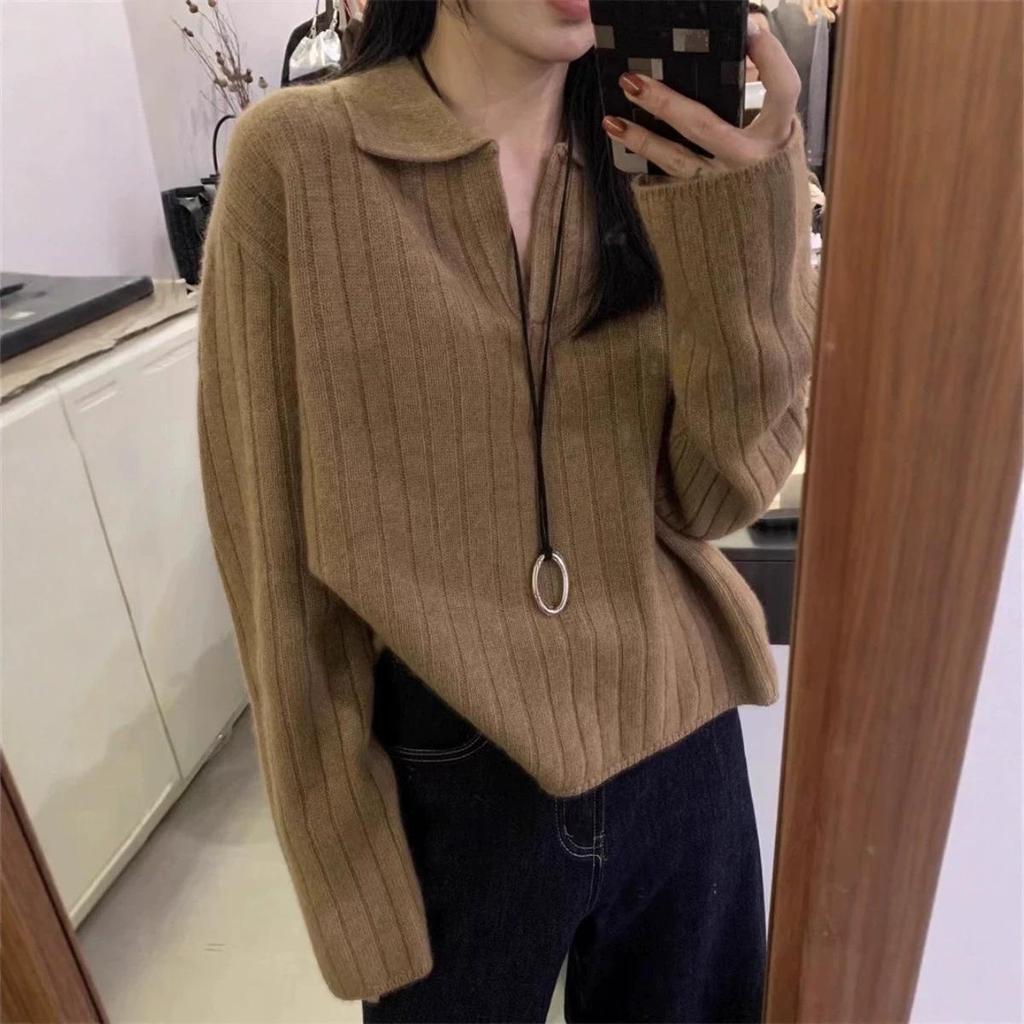 French Cashmere Lapel Knit Sweater - Women's Loose Fit, Autumn/Winter Thickened Base Layer