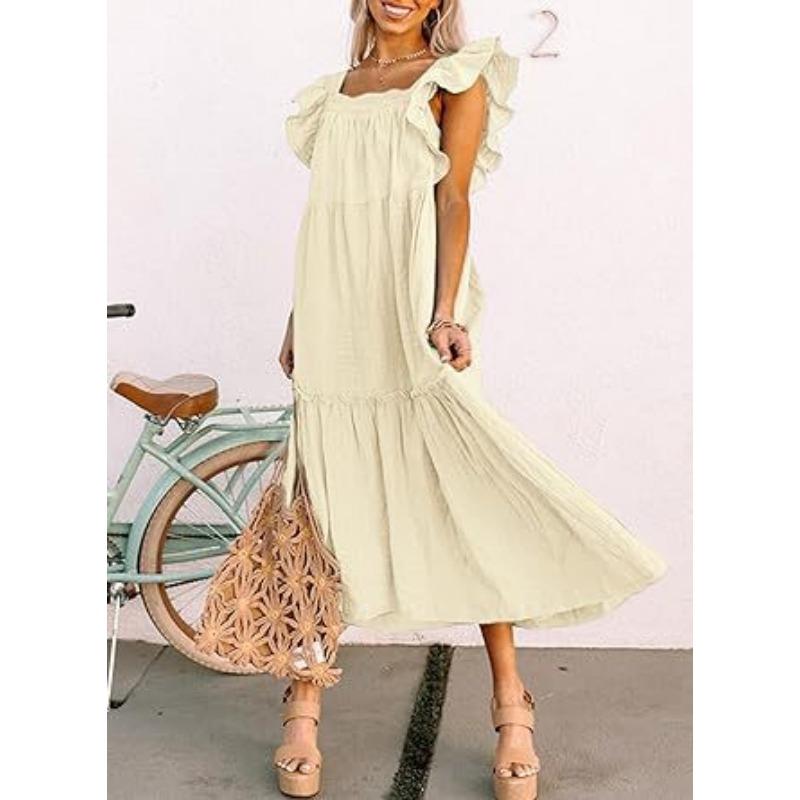 Summer Women's Dress Square Neck Short Sleeve Strapless Pleated Hem Dresses
