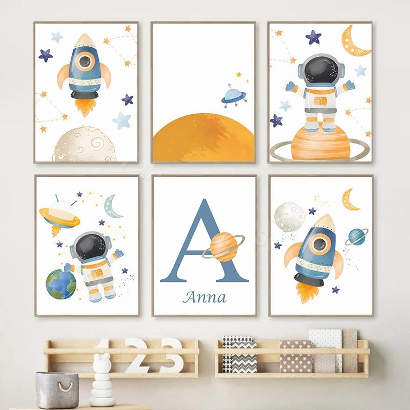 Rocket Astronaut Planet Outer Space Baby Name Custom Wall Art Canvas Painting Nordic Cartoon Prints Posters for Kids Room Decor