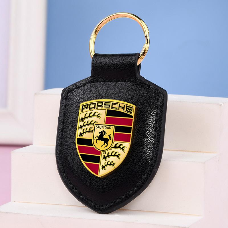 Car Leather Keychain Holder Shield Key Ring Chain Pendant Gifts For Porsche Macan 911 718 Taycan Panamera Cayenne Boxster Cayman