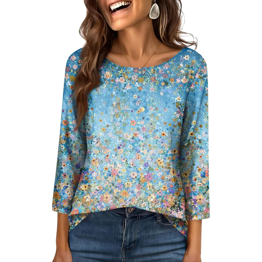 Damtopp med rund hals och 3/4-ärmar, trendig och avslappnad tryck