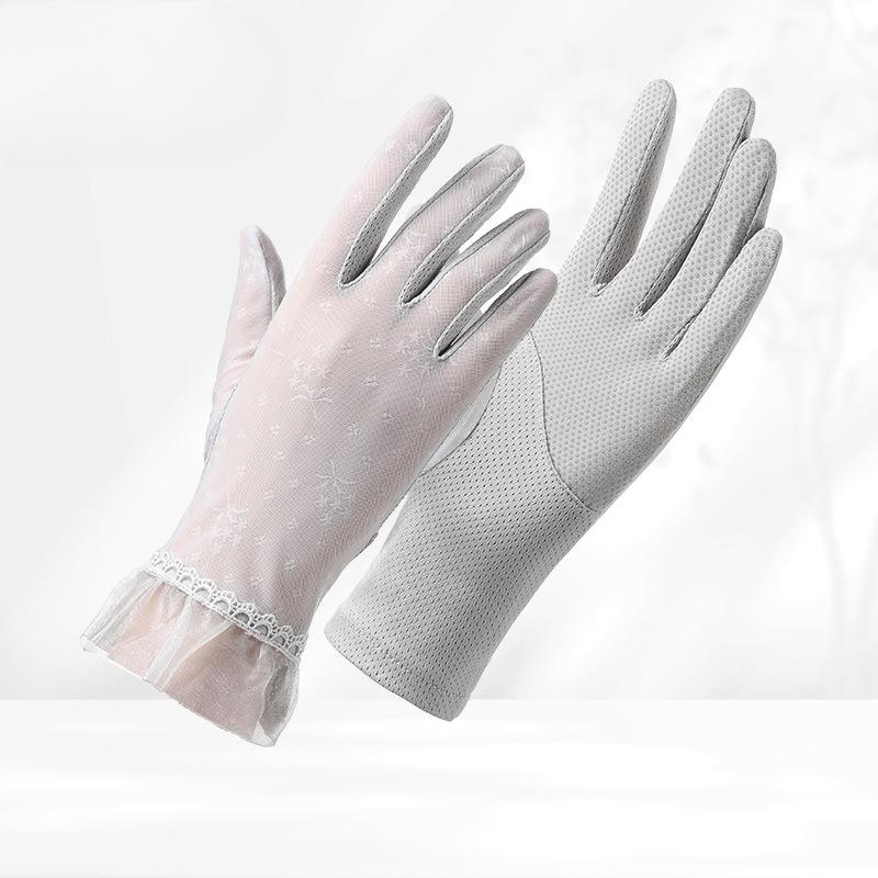 

Кружевные солнцезащитные перчатки для женщин для летней езды на открытом воздухе и вождения, ледяной шелк, противоскользящие, тонкий стиль, защита от УФ-лучей, сенсорный экран, полные пальцы Average Size