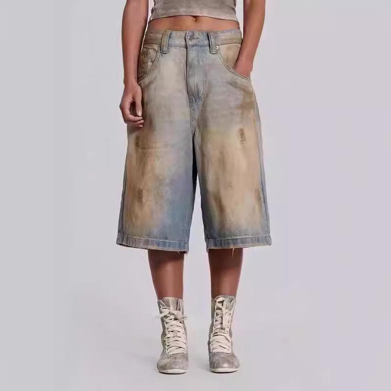 

Loose American Style Streetwear Ripped Denim Shorts Casual High Waist Jeans L