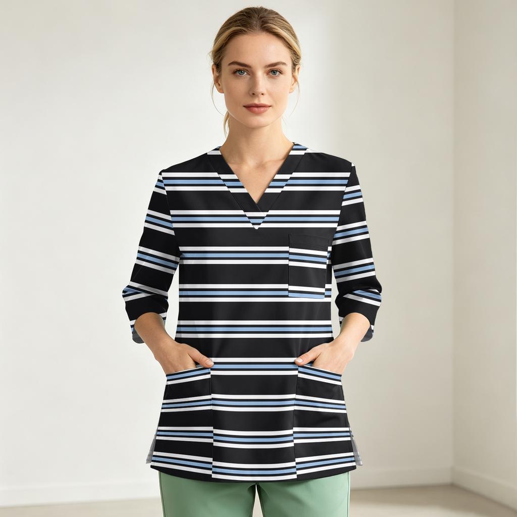 Women's Uniform Top Printed V-Neck 3/4 Sleeve with Single Pocket and Side Slit