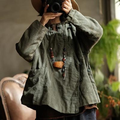 Frauen Chinesischen Stehen Langarm Mäntel Winter Einfarbig Taste Warme Vintage