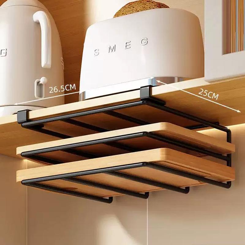WV Kitchen Under Cupboard Hanging Organizer Rack with Hook Paper Towel Rags Hanger Cutting Board Pot Cover Holder Storage Shelf
