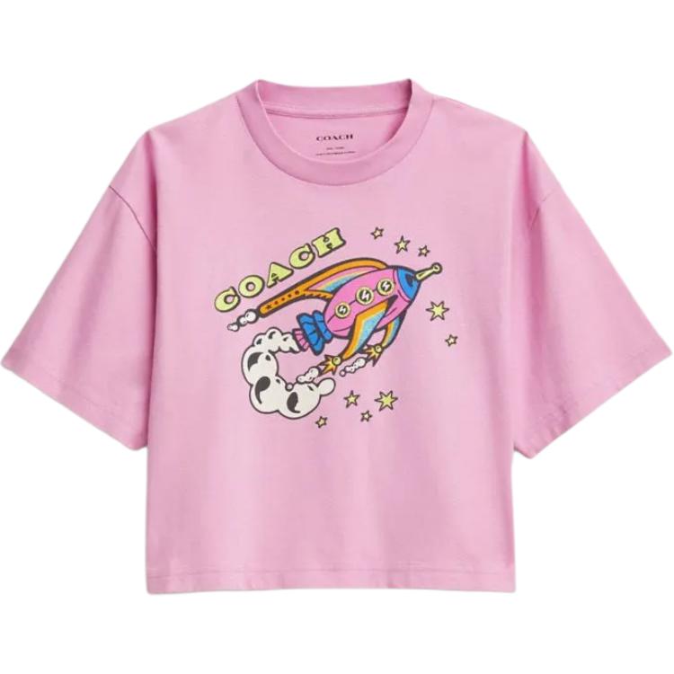 

Coach FW24 Rocket Print Short Sleeve Drop Shoulder T-Shirt Women tops Pink CX185-HOT M