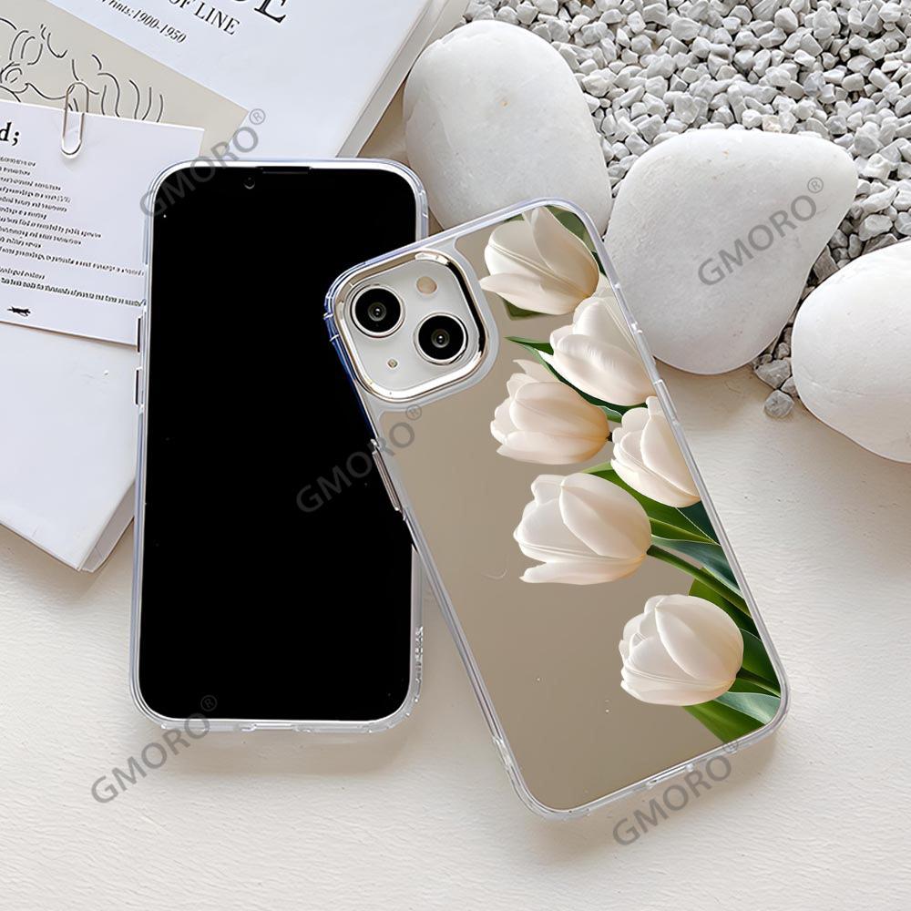 ins wind tulip flower suitable for iphone15 premium mirror mobile phone case 17pro women's makeup mirror