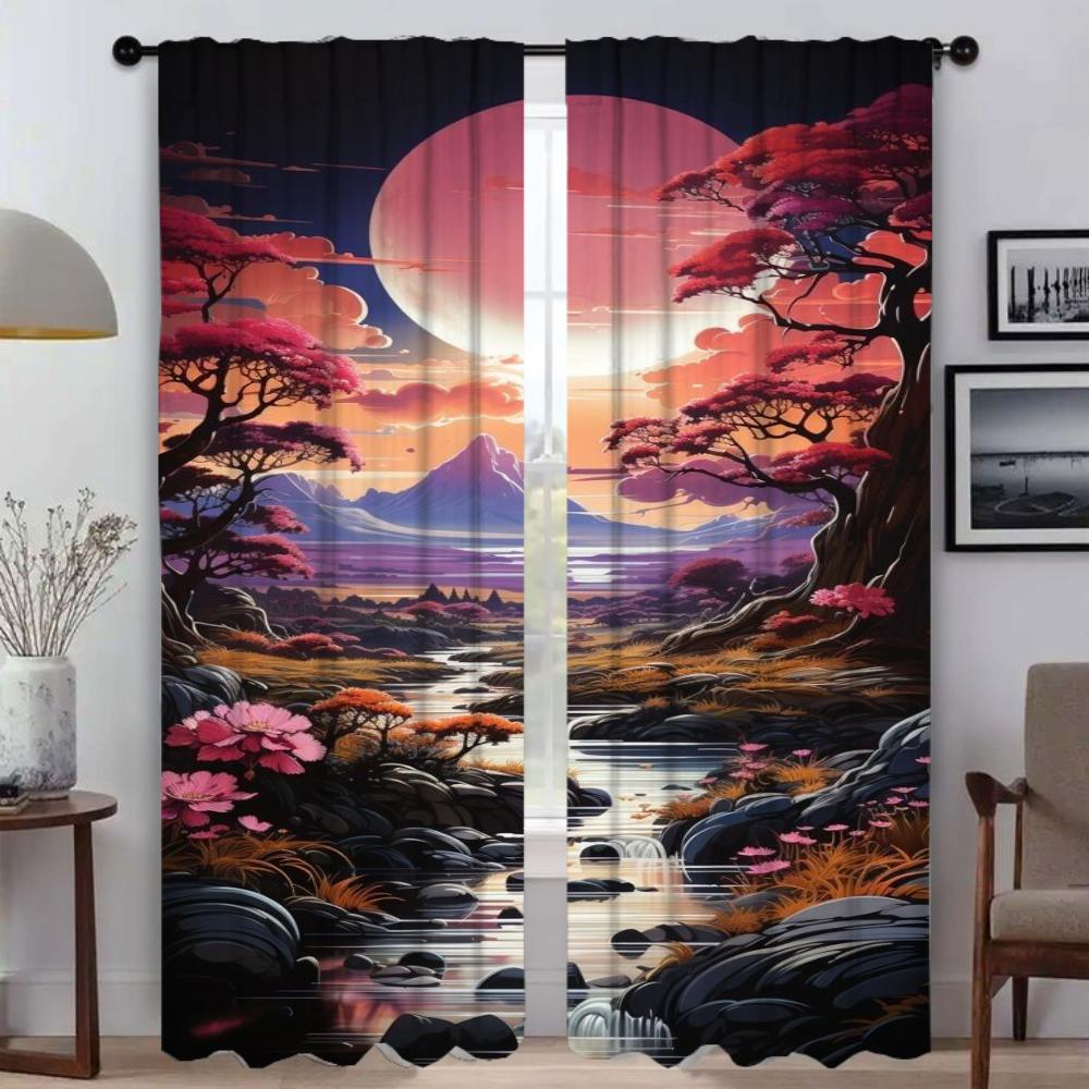 Sun Moon and Tree Blackout Curtains for Camera Halloween Decoration Kitchen Curtains 2 Pieces Tulle for Bedroom Partition Shades