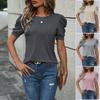Damen Rundhals Puff Kurzarm T-Shirt Figurbetont Einfarbig Lässiges Strick-T-Shirt Top
