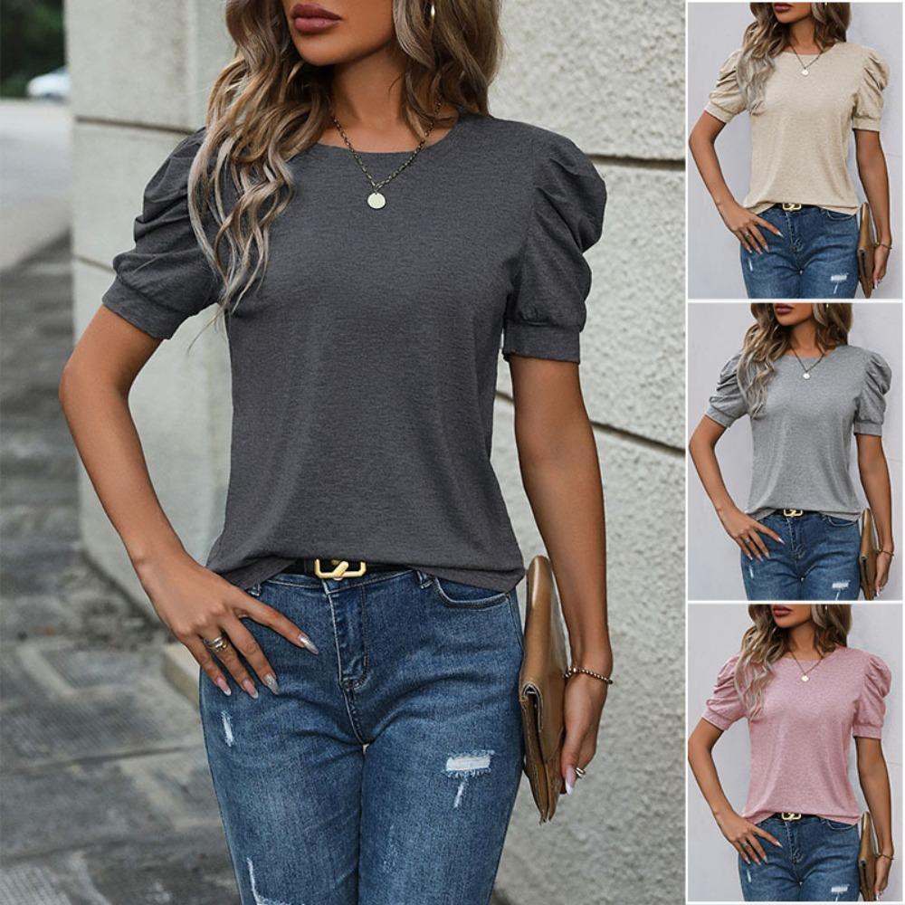 Damen Rundhals Puff Kurzarm T-Shirt Figurbetont Einfarbig Lässiges Strick-T-Shirt Top