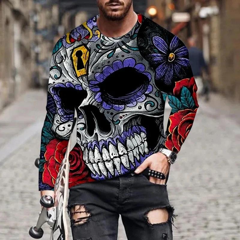 Round Neck 3D Skull Printed Top Fashionable Long Sleeved Men's T-shirts - Soft Medium Stretch Polyester Fabric Spring and Autumn Relaxed Fit Clothing