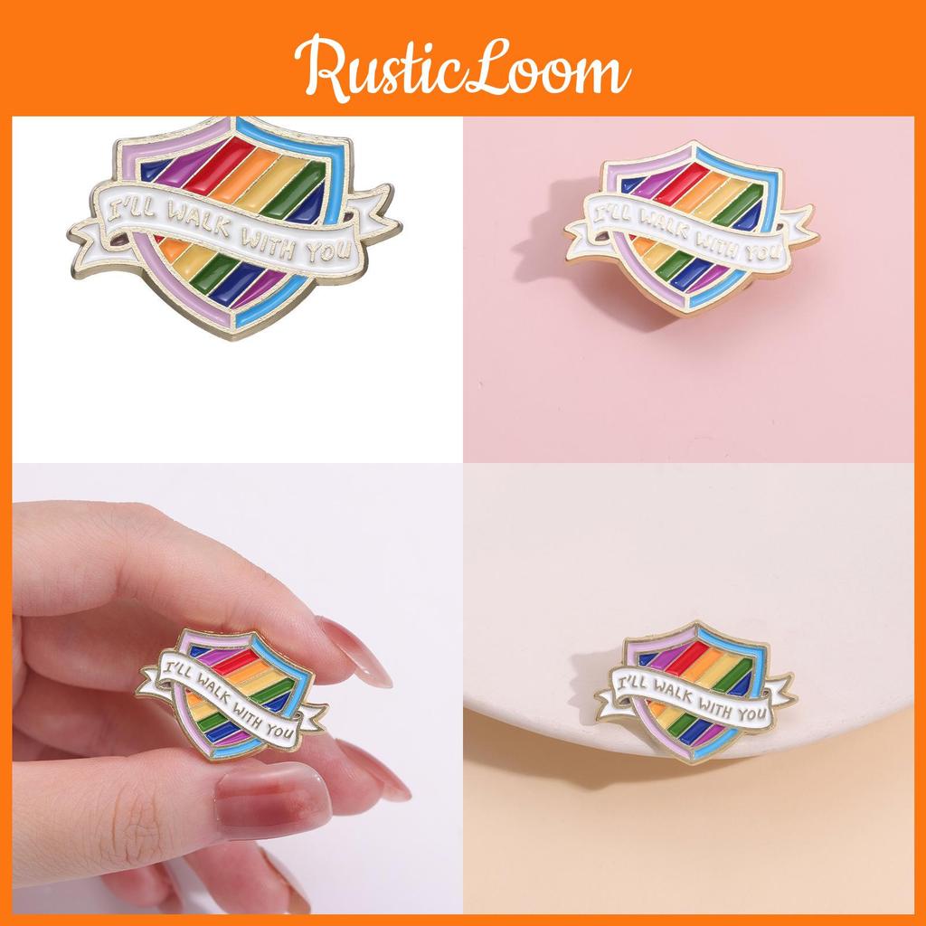 Contemporary Rainbow Letter Brooch Trendy Shield Shape Metal Badge Colorful Pin Fashionable