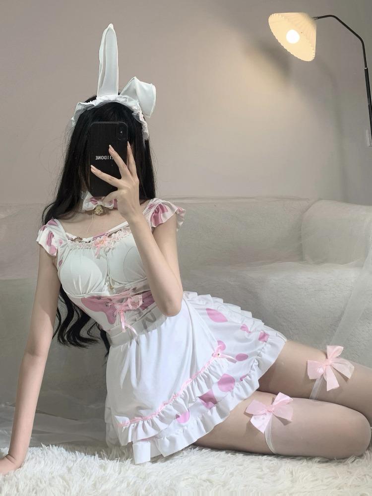 Sexy Game Uniform Pink Cow Girl Costume Set Rabbit Girl Maid Role-playing Sleepwear Internet Famous Style Sleep Dress