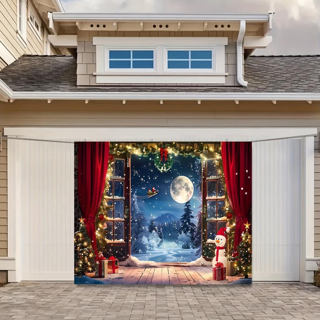 Christmas Winter Wonderland Background Cloth - Christmas Tree, Santa Claus, Snow and Moon Night Scene Photography Banner
