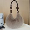Faux Fur Tote & Crossbody Handbag with Bead-Accented Strap and Golden-Tone Charm Beads