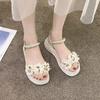 Ladies Shoes with Medium Heels Platform Pearl Women's Sandals Flowers 2025 Trending Pvc New Breathable Fashion The Best Vip Shoe