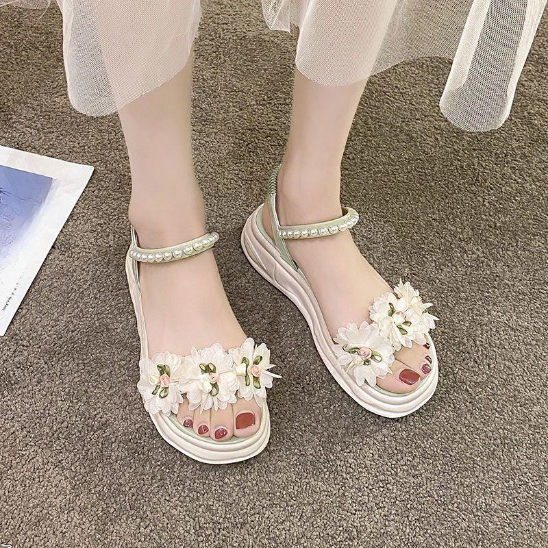 Ladies Shoes with Medium Heels Platform Pearl Women's Sandals Flowers 2025 Trending Pvc New Breathable Fashion The Best Vip Shoe
