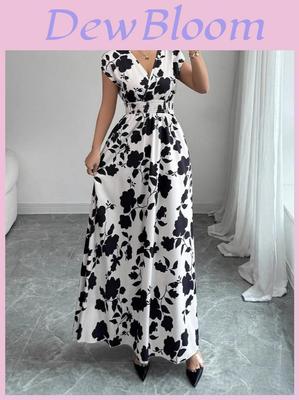 Floral Print V Neck Long Dress With Belt For Summer Casual Womens Wear