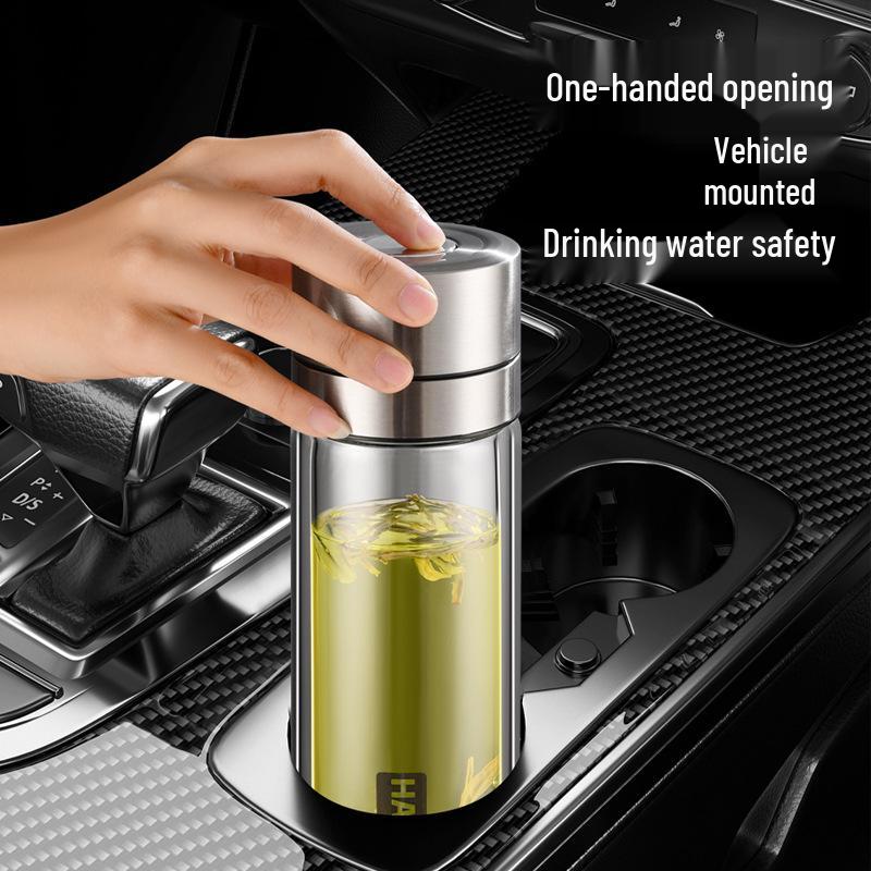Portable Double-Layer Glass Tea Cup with One-Touch Lid – Unisex Business Gift
