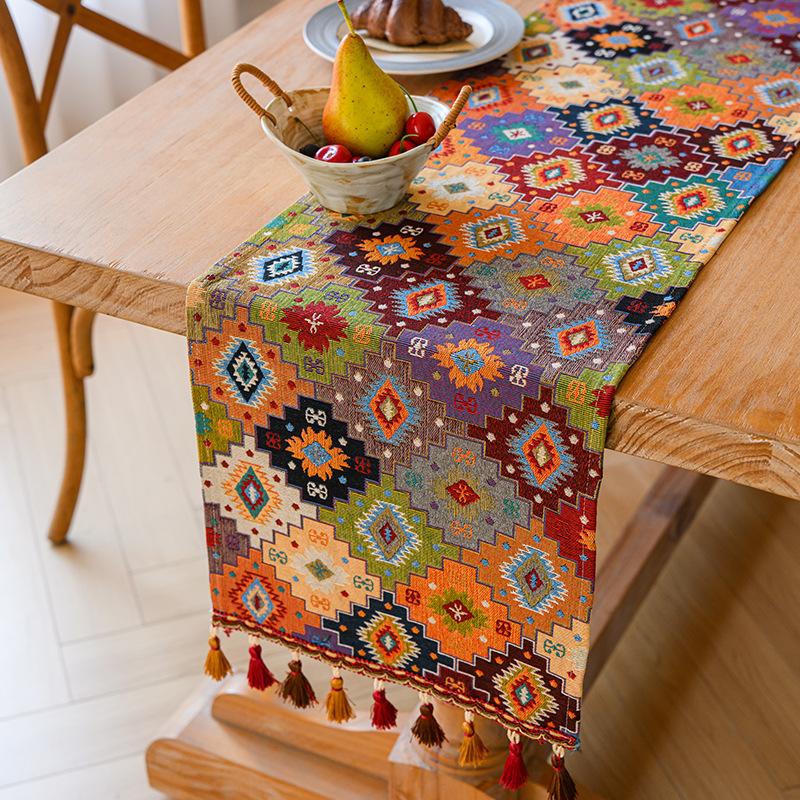Bohemian Table Runner American Retro Polycotton Jacquard Tablecloth, Long Rectangular Farmhouse Dining Table Decor Bohemian Coffee Table Cover