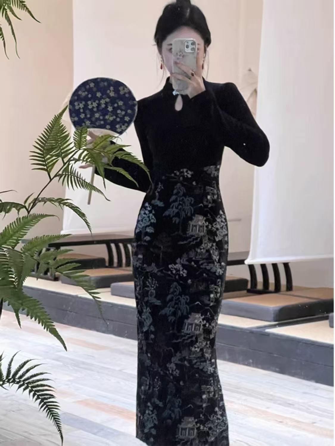 

Women s Modern Black Velvet Cheongsam Dress – High-End Fall/Winter Style XXL чорний