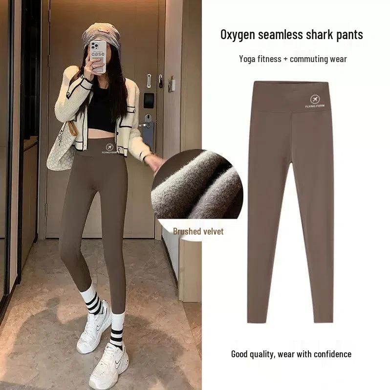 Women's High-Waisted Fleece-Lined Shark Pants - Warm Barbie Yoga Leggings for Autumn/Winter