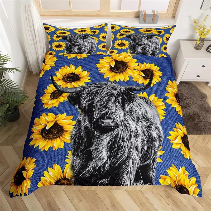 Highland Cow Duvet Cover Western Farmhouse Animal Bedding Set Microfiber Farm Bull Cattle Floral Comforter Cover Twin King Size