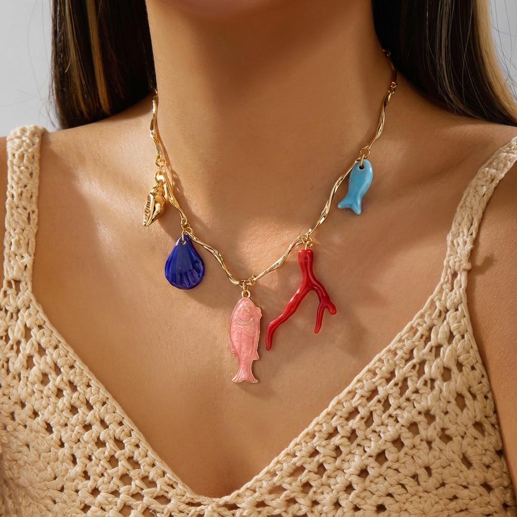 Bohemia Cute Ceramic Fish Pendent Charm Necklace For Women Ocean Theme Red Coral Conch Shell Choker Beach Party Vacation Jewelry