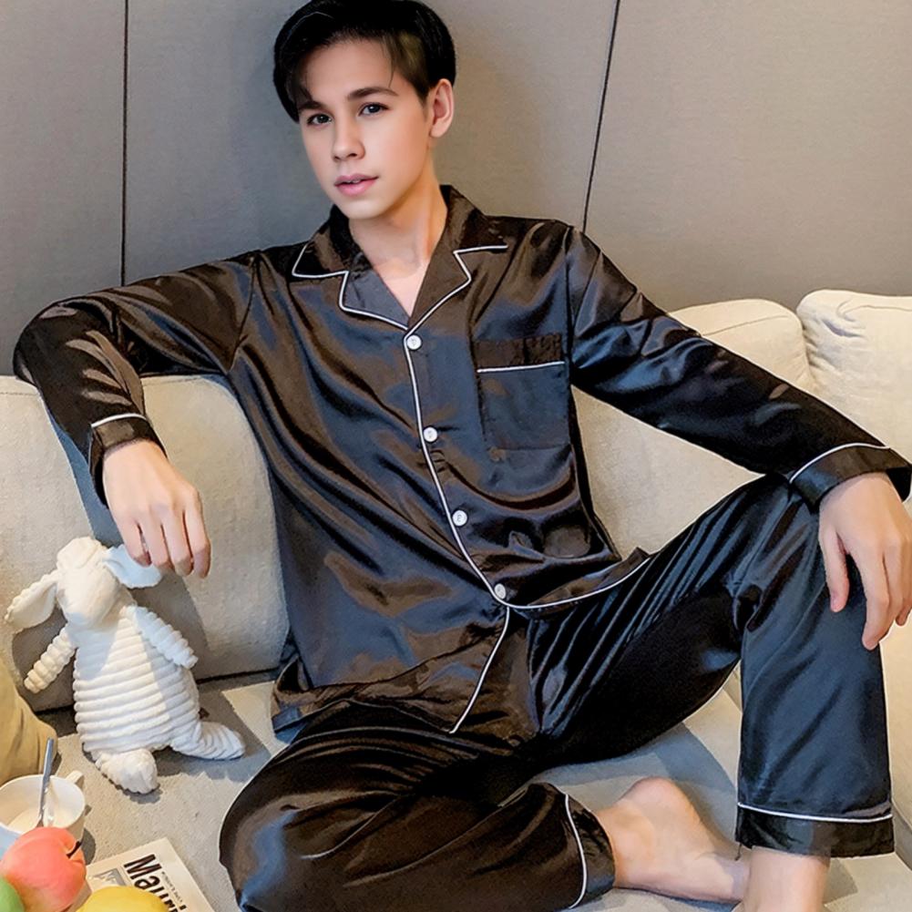 2Pcs/Set Men Summer Pajama Set Lapel Long Sleeve Shirt Elastic Waist Pockets Wide Leg Pants Set Solid Color Single Breasted Slee