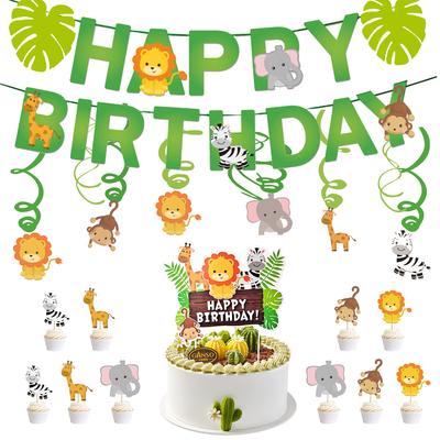 Cartoon Leafy Animal Birthday Flag Bunting Spiral Pendant Cake Card Baby Birthday Party Decoration