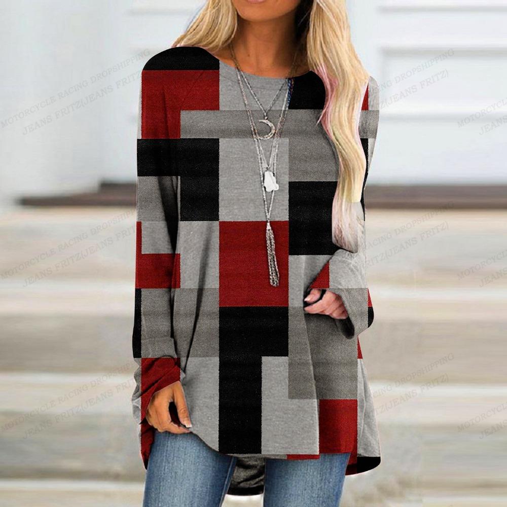 Patwork Tričko Dámské Tričko Dámské Módní Tričko Color Block Tričko Tričko s dlouhým rukávem Trička Dámské Tričko Tričko Tunika Dívka