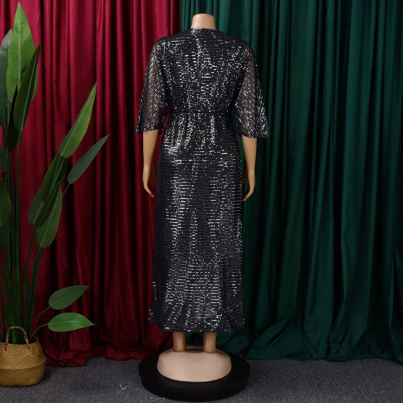Plus Size Women Sequined V Neck Slit Long A Line Casual Dress