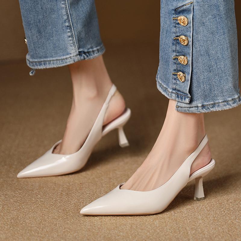 Elegant Slingback High Heels Sandals Woman Rear-Strap Shoes Ladies Office Dress Shiny Leather Pumps Pointed Toe Cut-Out Tacones