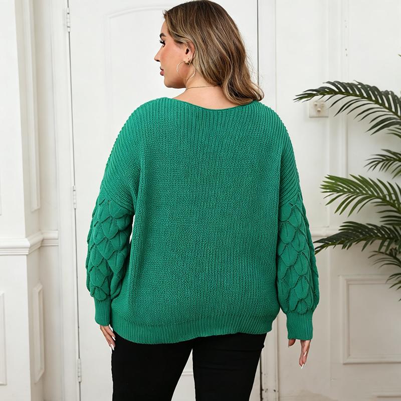 Women Autumn Winter Plus Size Long Sleeve V Neck Sweater Embroidered Flower Boho Cable Knit Long Sleeve Top