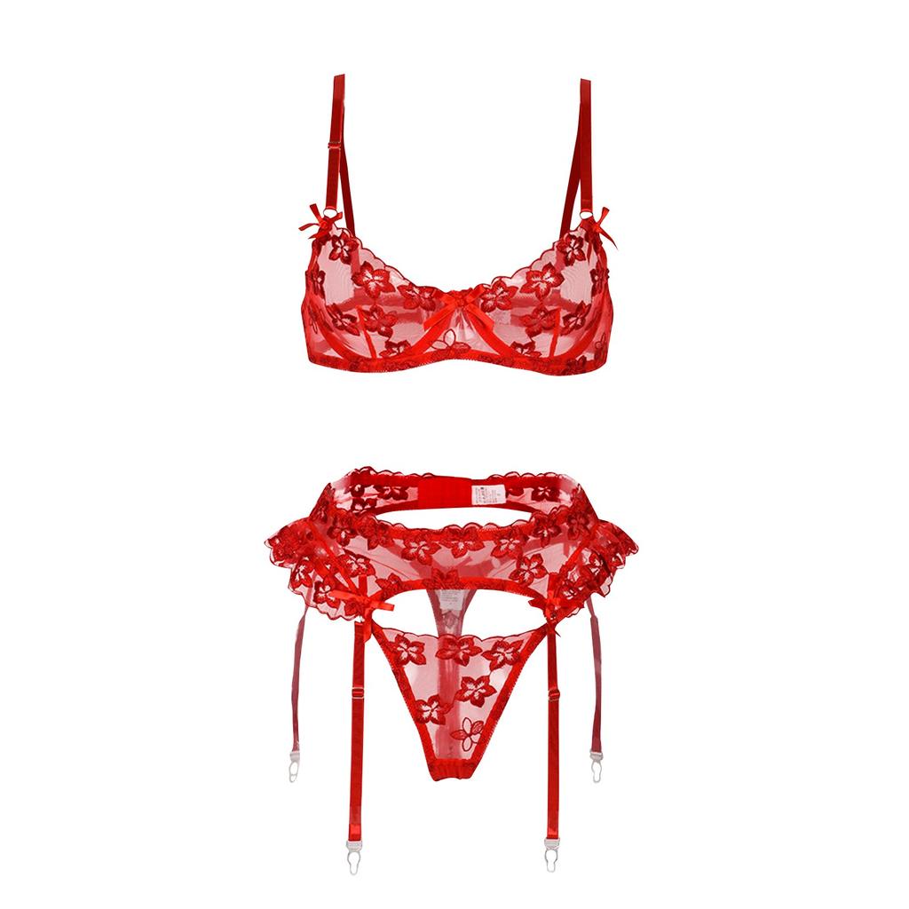 Floral Embroidered Underwire Bra Set with Adjustable Straps and Garter Belt Sheer Lace Lingerie Set with Thong and Garters