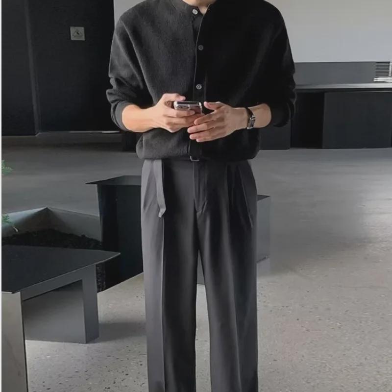 Pánský pletený kardigan - jarní, podzimní, zimní korejský módní svetr s kulatým výstřihem, ležérní styl, kolekce 2023