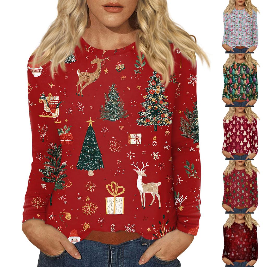 Women's Fashion Casual Christmas Printed Round Neck Long Sleeve Pullover Top
