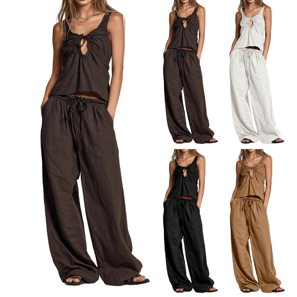 Women Casual Two Piece Set Sleeveless Drawstring Tank Top Loose Fit Wide Leg Pants Summer Outfit Lightweight Breathable Fabric