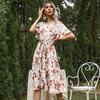 Women Floral Print Long Dress Summer Fall Casual O Neck Short Butterfly Sleeve High Waist Slim Bandage Belt Sizes S To XL