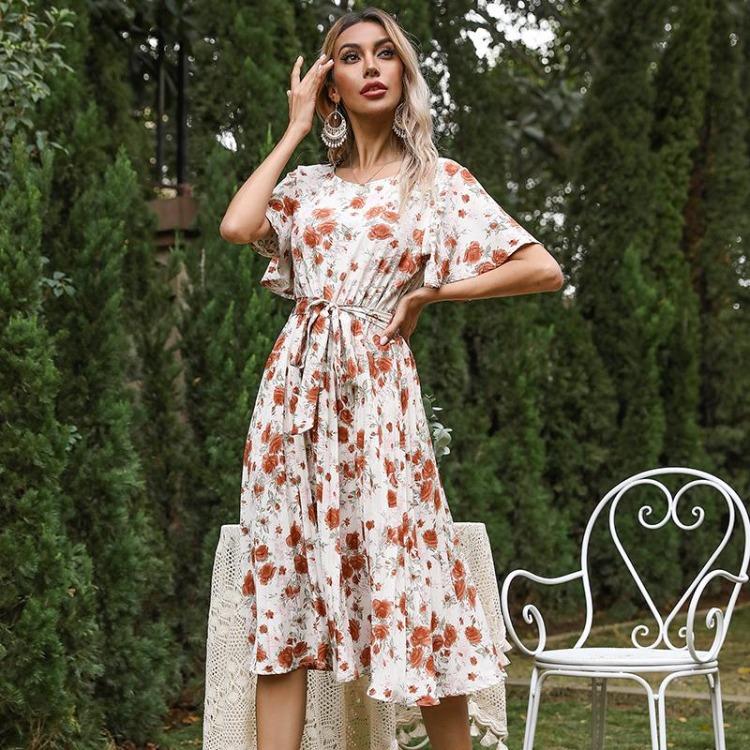 Women Floral Print Long Dress Summer Fall Casual O Neck Short Butterfly Sleeve High Waist Slim Bandage Belt Sizes S To XL