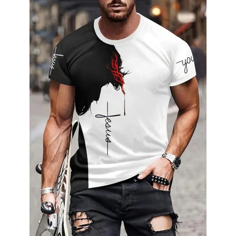 Summer Round Neck 3D Color block Print Top Fashionable Casual Short Sleeved Men's T-shirts