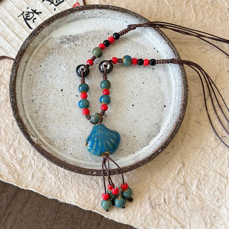 Painted ceramic fish necklace, Bohemian style woven rope necklace, women's vintage high-end beaded clavicle chain